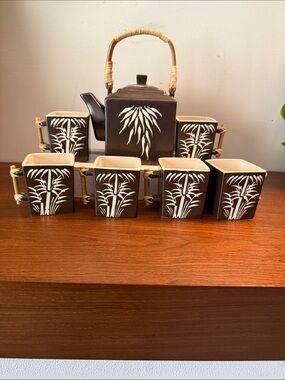 Bamboo Design Stoneware Teapot & 6 Cups with Bamboo Handles, Zazen Vietnam, Vtg